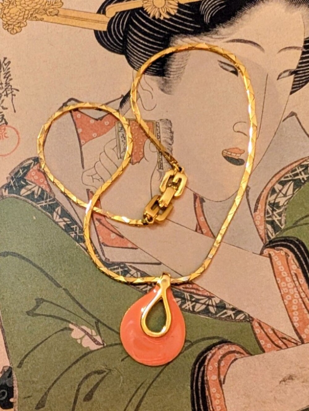 1979 GIVENCHY Paris New York Gold Plated Coral Enamel Necklace